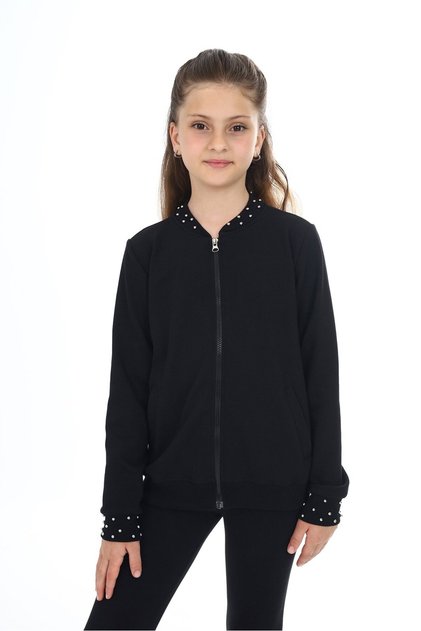 Black Girls' College Collar Zippered Pocket Beaded Knitted Cardigan - 2 Thread