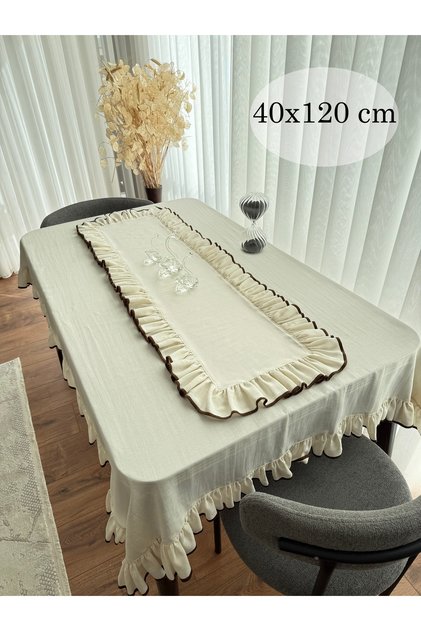 Kahverengi Biyeli Görünümlü Fırfırlı Krem Keten RUNNER Şık Dekoratif 40X120CM