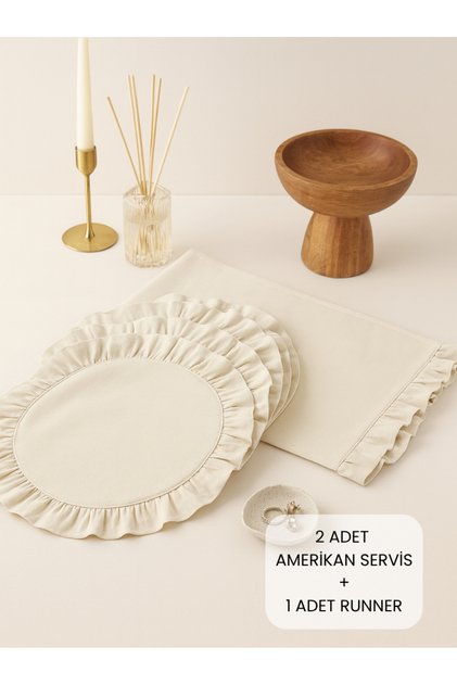 Ruffled American Tablecloth Set, 3-Piece Tableware Presentation, 2Placemats+1 Runner, Ruffled Presentation Set, 100% Cotton