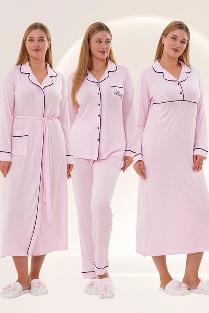 Women's Long Sleeve Shirt Collar Dressing Gown+Nightgown+Pajamas 4-Piece Set 65% Cotton 35% Viscose