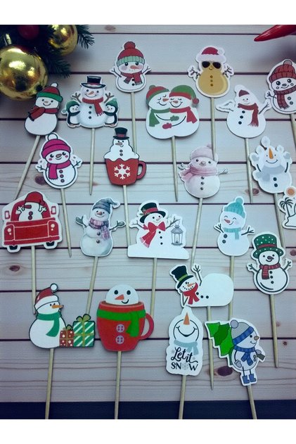 25-Piece Mixed Color Christmas Snowman Themed Cupcake Cake Toothpick Decoration Set - Snowman Party Decor