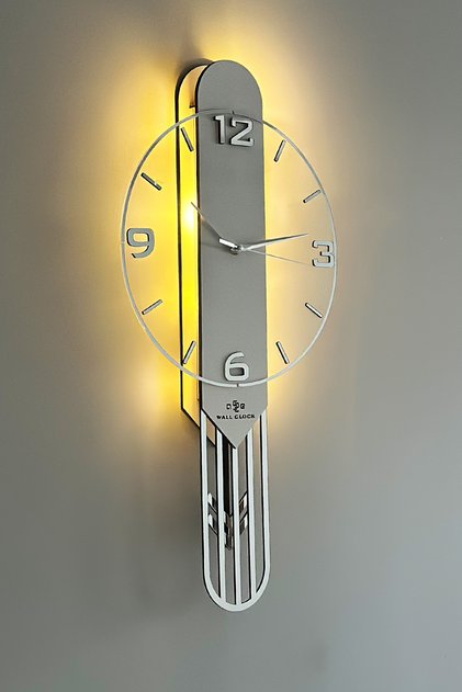 Long Rectangular Clock SARKAÇLI IŞIKLI 65cm BEYAZ GÜMÜŞ