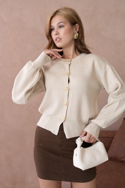 Women's Crew Neck Button Detailed Knitwear Cardigan