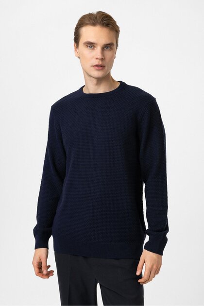 Navy Blue Regular Fit Cotton Crew Neck Knitwear Sweater