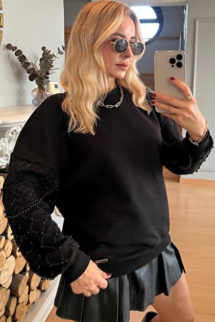 Crystal Stone Pearl Plenty Cut O Oversized Plus Size Three Thread Cotton Comfortable Stylish Women's Sweatshirt