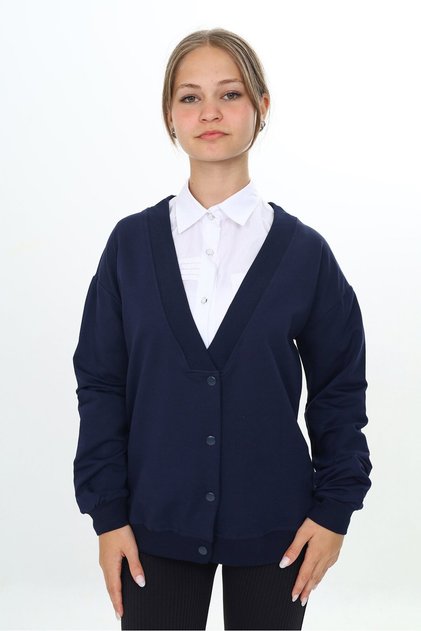 Navy Blue Girls' V-Neck Snap Closure Drop Shoulder Knitted School Cardigan - 2 Thread