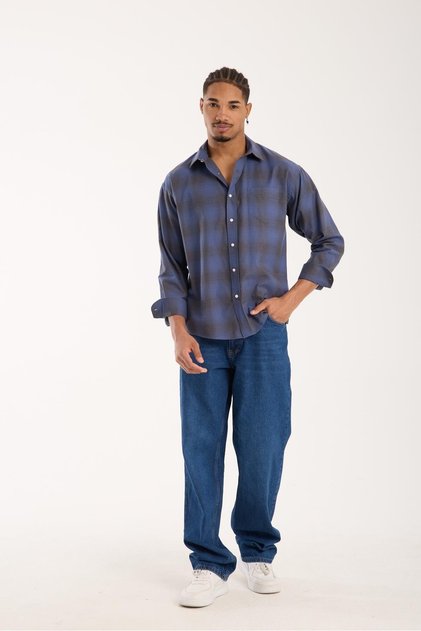 BB Club Rio Flanel Pamuklu Oversize Fit Lacivert Klasik Yaka Erkek Ekoseli Gömlek