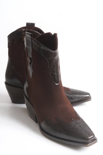 Melivella Brown Stainless Steel Detailed Genuine Suede Leather Embroidery Stylish Short Cowboy Boots