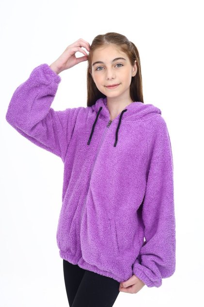 Girl's Hooded Zippered Pockets Raglan Sleeve Plush Cardigan