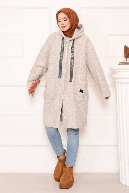 Zippered Hooded Boucle Cap Beige
