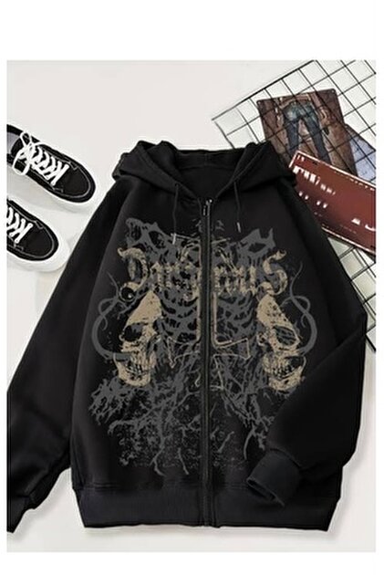 Köstebek Yeni Siyah Gallows Skulls Y2K MMA Cyber Grunge Kapüşonlu