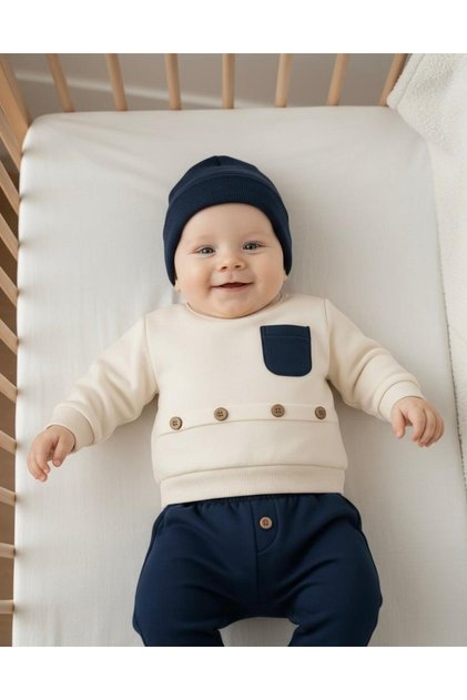 Baby Boy Beret Set with Pockets and Button Detail