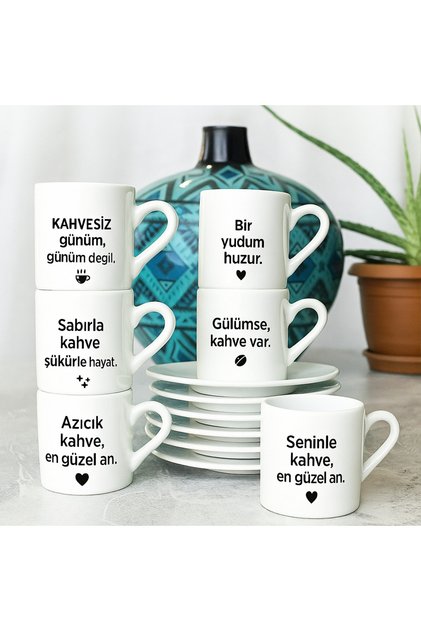Kahve Sözleri Yazılı 6’lı Porselen Kahve Fincan Takımı – Eğlenceli ve Şık Hediye Seti