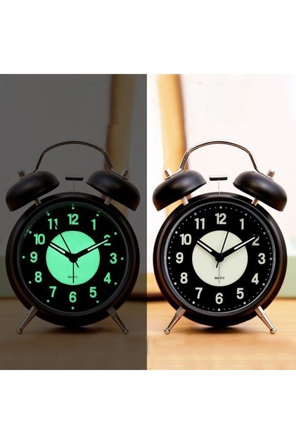 Fosforlu Mini Metal Masa Saati, Alarmlı ve Işıklı, Siyah, 13x9