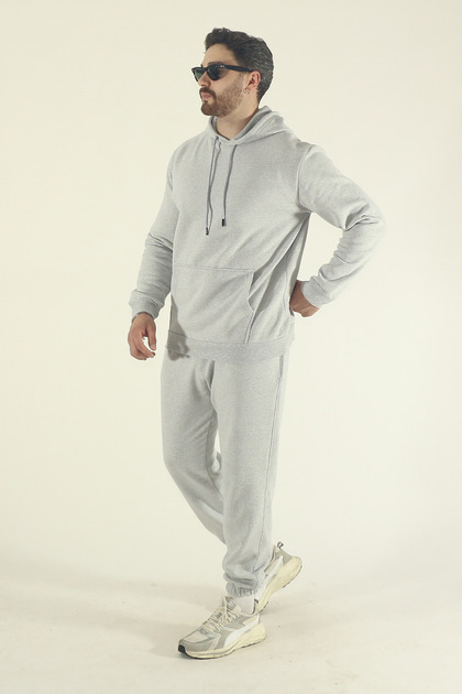 Men's Winter Cotton Tracksuit Set Kangaroo Pocket Sweatshirt Jogger - Gray Regular Elasticated Leg