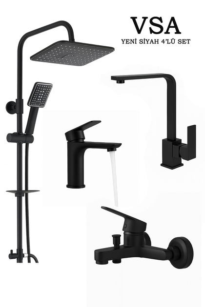 Siyah 4lü Set Banyo Bataryası Eviye Bataryası Lavabo Bataryası Duş Tepe Yağmurlama Seti Özel Seri