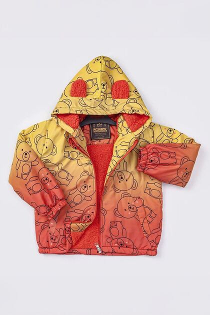 Teddy Bear Character Printed Boy's Inside Welsoft m Transitional Coat - Yellow