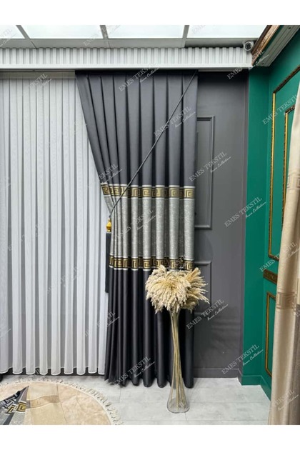 Pallas Pattern Luxury Gray Panel Background Curtain with Gold Detailing, Tight Pleats (Single Panel Price)