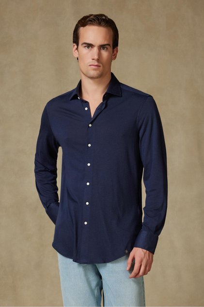 Lorenzo Jersey Viscose Blended Comfort Fit Navy Blue Classic Collar Men's Plain Shirt