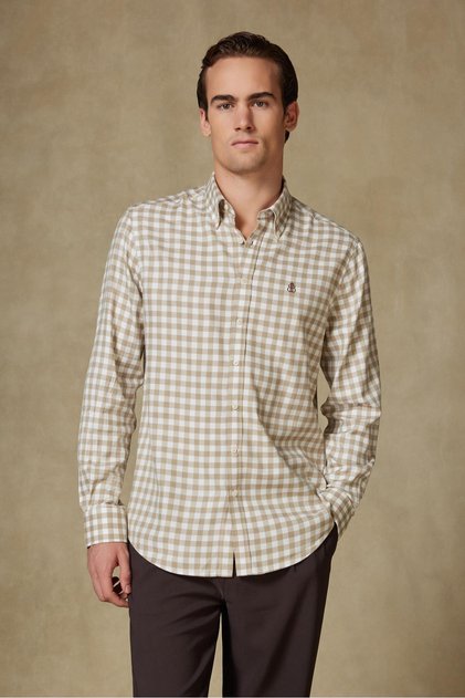 Luca Flannel Viscose Blend Comfort Fit Beige Button down Collar Men's Checkered Shirt