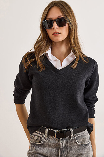Women's Dark Anthracite Shirt Collar Detail Brioche Knit Blouse BLZ-19002777