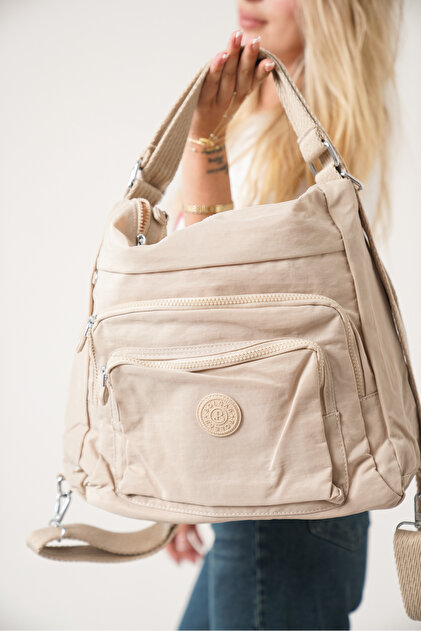 Gabriella Laurent Beige Women's Multi-Compartment Waterproof Crinkle Casual Backpack Crossbody Hand and Shoulder Bag