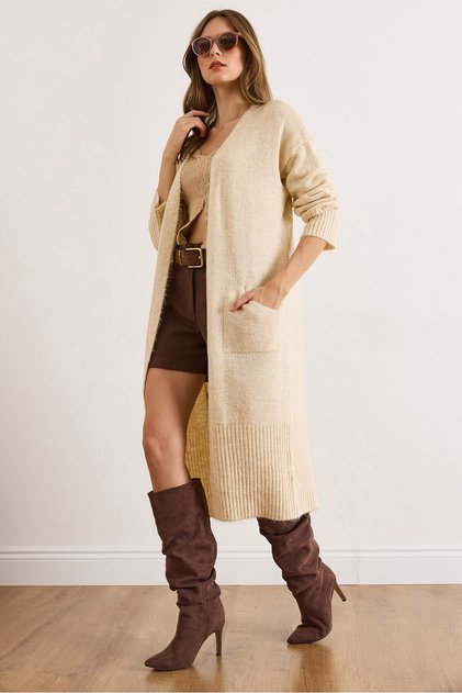 Women's Ecru Pocketed Soft Textured Midi Knit Cardigan Hrk-19000438