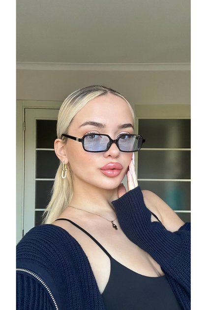 Black Slim Rectangle Women's Sunglasses with Blue Glass Uv400 Protection Flat Frame Design