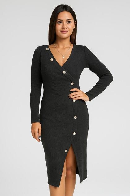 Women's Asymmetrical Button Detail Thessaloniki Fleece-Lined Fabric Slit Dress