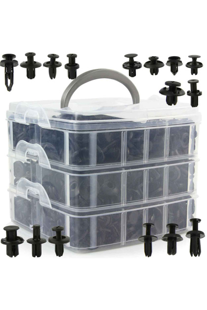 Set 620 clipsuri universale auto, dimensiuni si tipuri de pini diferite, plastic, negre