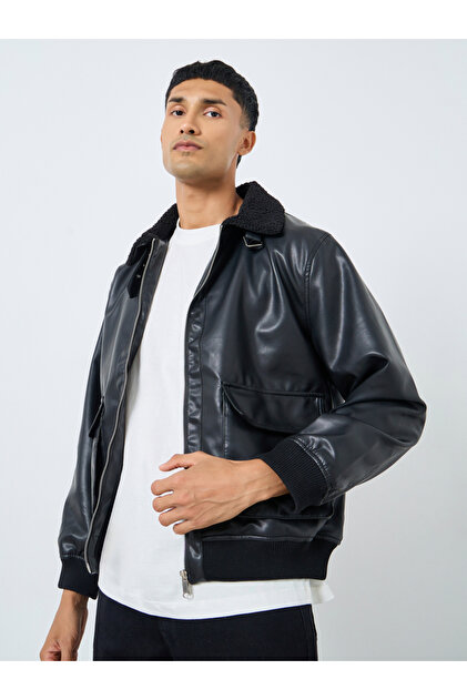 Men Black Leather Look Oversized Bomber Jacket
