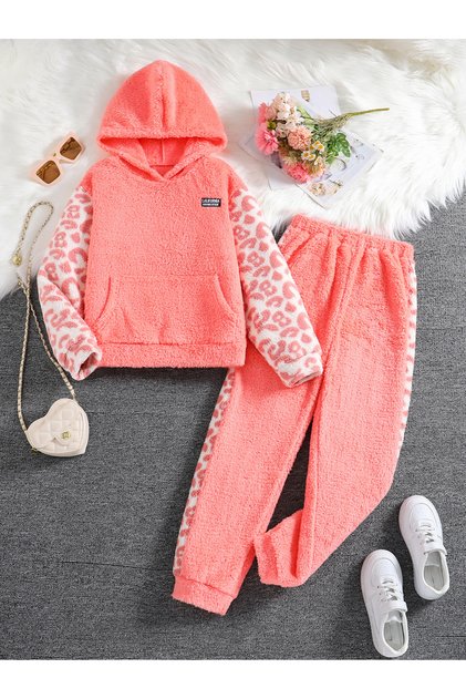 Teens Leopard Print Fleece Hoodie and Joggers Set