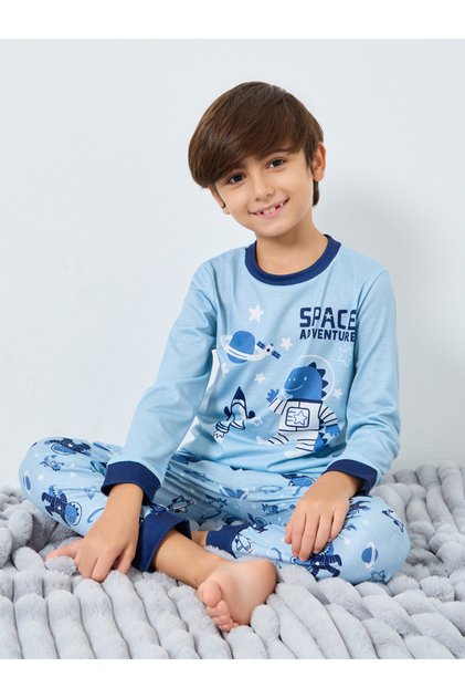 Blue Space Printed Long Sleeve T-Shirt and Pyjama Set