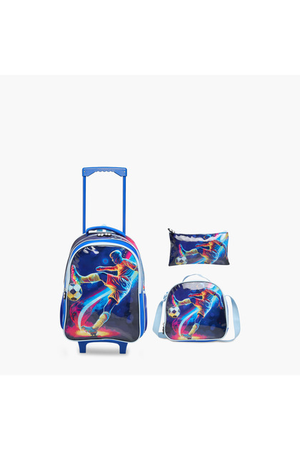 Football 3-Piece School Trolley Bag Set for Boys 5-8 Years with Lunch Bag and Pencil Pouch