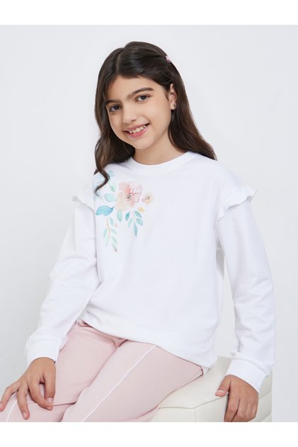 Teens White Floral Print Sweatshirt