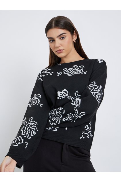 Black Regular Fit Floral Jacquard Knit Sweater