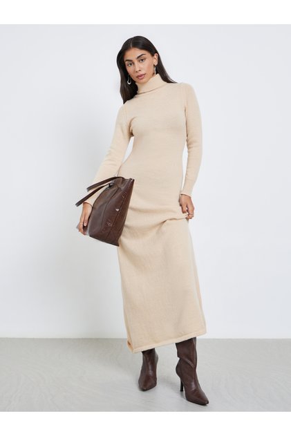 Beige Roll-Up Neck Sweater Maxi Dress