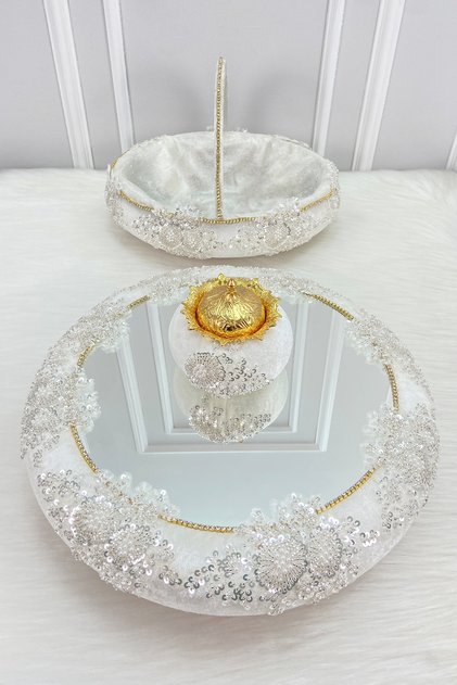 White Vip Appliqued Mirrored Velvet Henna Night Tray Basket Bridal Set, Engagement Wedding Promise Circumcision