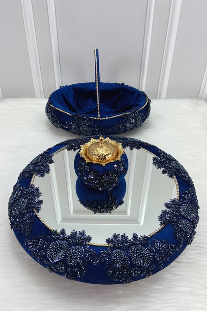 Navy Blue Vip Appliqued Mirrored Velvet Henna Night Tray Basket Bridal Set, Engagement Wedding Ceremony Sunnet