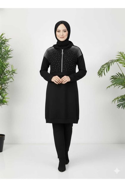 Women's New Season Stone-Collared Pants with Half Zipper K Hooded Top-Bottom Tunic Set