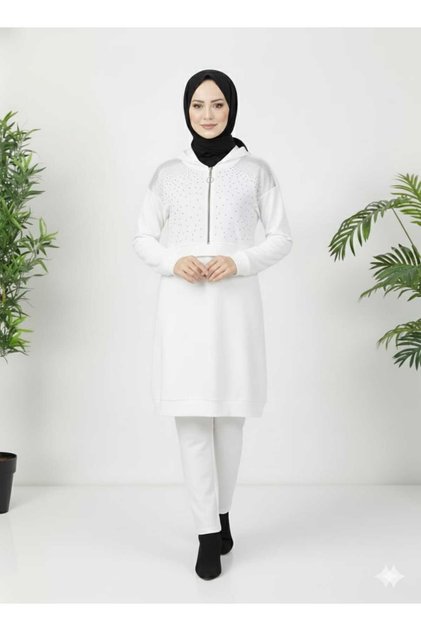 Women's New Season Stone-Collared Pants with Half Zipper K Hooded Top-Bottom Tunic Set