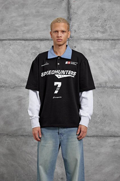 Men's Sweatshirt Speedhunters Oversize Black Oversize Printed Crew Neck 3 Thread Without Drawstring