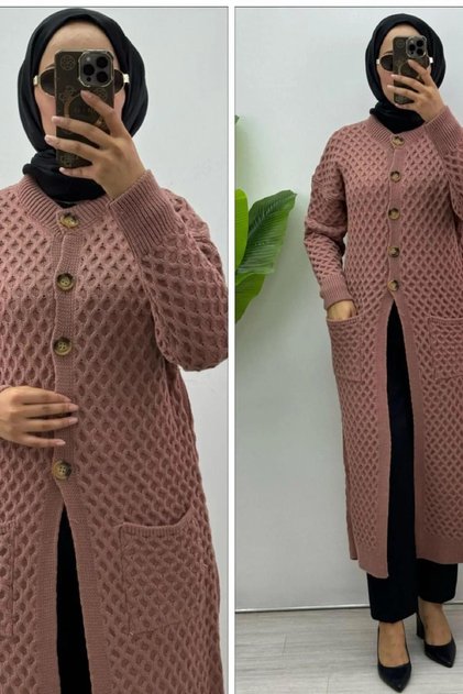 SENEM TRİKO HIRKA Dokuma Kumaş Kadın Gül Kurusu Cepli Ve Düğme Detaylı Hırka