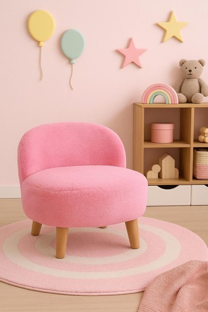 Teddy Yumuşak Peluş Kumaş Pembe Renginde Rahat Çocuk Koltuğu Doğal Ahşap Gürgen Ayaklı
