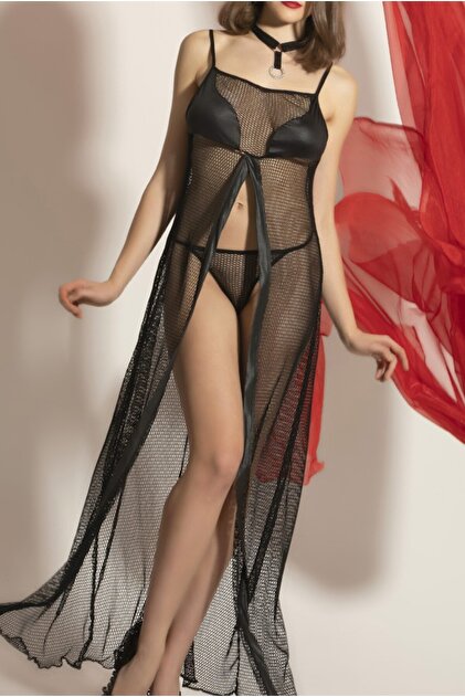 PERLMUTT Bdsm Themed Black Lace Fantasy Lingerie Set,Transparent Sexy Suit  with Metal Rings- Trendyol