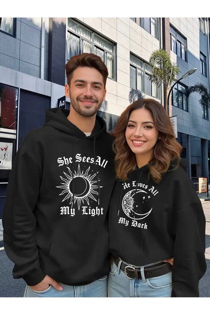Sevgili Kombini Oversize Hoodie - Sun and Moon Printed 3 Thread Unisex Sweatshirt Set of 2 Black