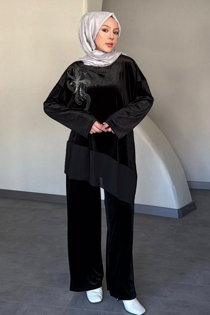 Women's Black Embroidery Detailed Tunic Elastic Waist Pants Velvet Tunic Pants Set