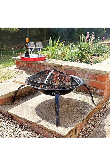 2-in-1 Fire Pit & Grill, Outdoor Metal Bowl Wood/Charcoal Heater with Spark Screen