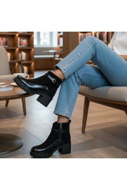 Black Suede Genuine Leather Patent Leather Paneled Ankle Strap Women's Thick Heeled Boots