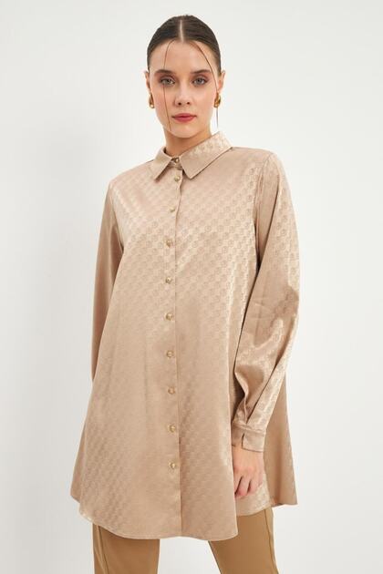 Monogram Printed Buttoned Shirt Black T-1515 Beige